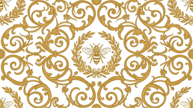 Elegant golden baroque pattern with bee motif, seamless vector illustration for luxury design