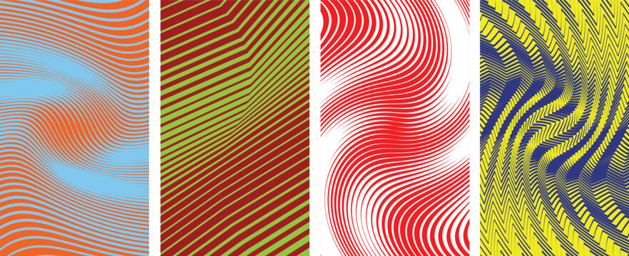 Abstract wavy line background set, 4 colorful moire pattern vector textures, psychedelic optical illusion wallpaper