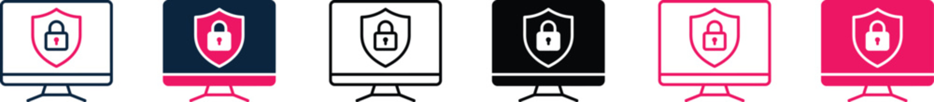 Computer monitors with security icons on transparent background for cybersecurity concept