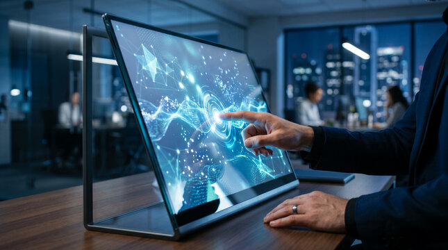 Professional using interactive touch display with digital data in modern office