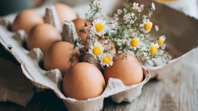 A rustic display of fresh organic brown eggs with a bouquet of small white and yellow wildflowers.