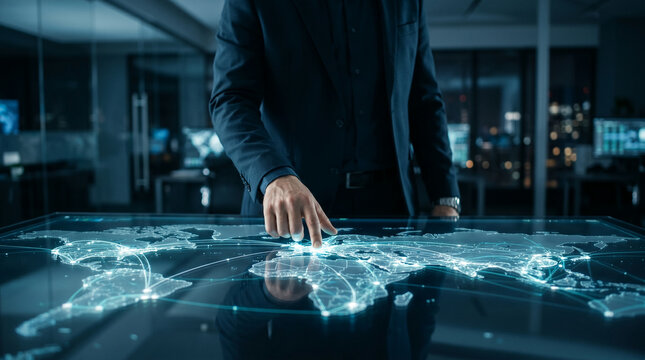 Executive analyzing global data network on futuristic interactive display in modern office