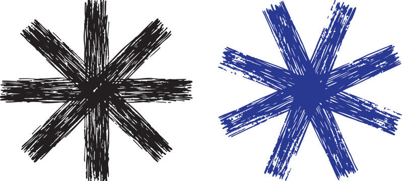 Hand drawn asterisk symbols with grunge brush stroke texture in black and blue vector set for graphic design elements