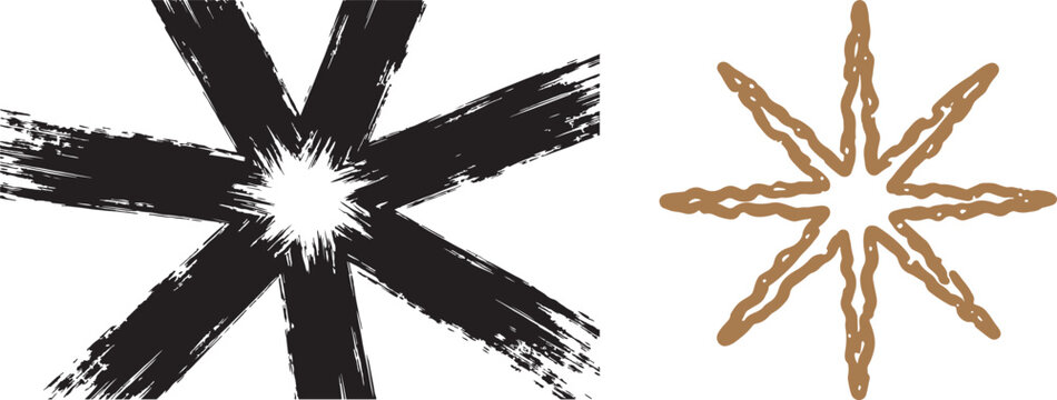 Hand drawn brush stroke asterisk and wavy line star icons for graphic design elements
