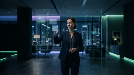 Fototapeta premium Businesswoman managing digital information on futuristic holographic display in modern office