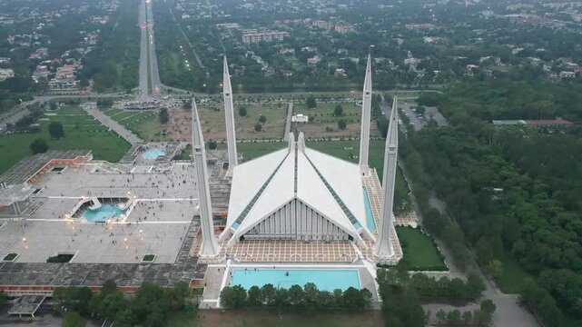 Aerial Drone View of Faisal Masjid Islamabad, Iconic Landmark Mosque in Pakistan, Cinematic 4K Travel Footage