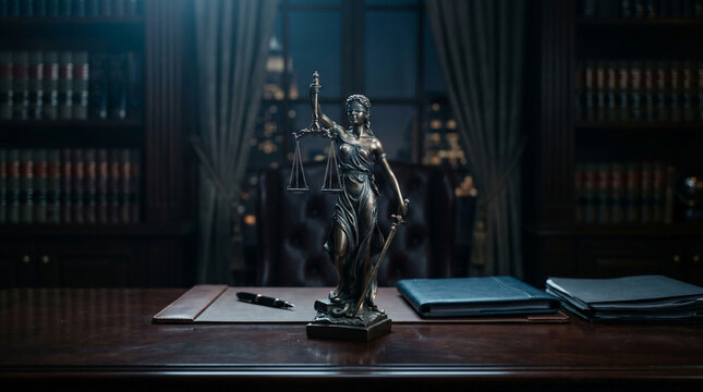 Justice statue symbolizing law and order on wooden lawyer's desk