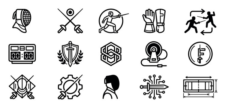 Collection of fencing sport themed icons showing a fencer, mask, crossed swords, scoreboard, and piste diagram in a simple black and white linear pictogram illustration set