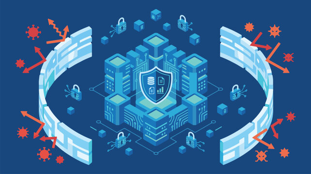 Isometric Cyber Security Data Center Protection with 3D Cloud Server Network Firewall and Shield Vector Illustration