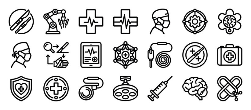 Set of medical and surgical icons representing healthcare technology, including a robotic arm, surgeon, scalpel, ECG monitor, and brain surgery symbols in a clean outline style