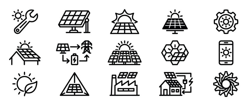 Solar energy and renewable power line icons showing photovoltaic panels, batteries, sustainable houses, and eco-friendly technology in a minimalist black and white vector set