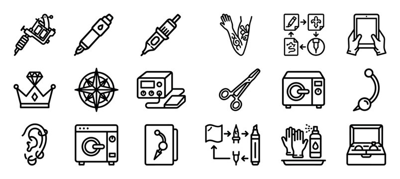 Set of black line art icons for tattoo and piercing studios showing equipment, jewelry, and designs like a compass, crown, and arm tattoo in a simple, clean vector style