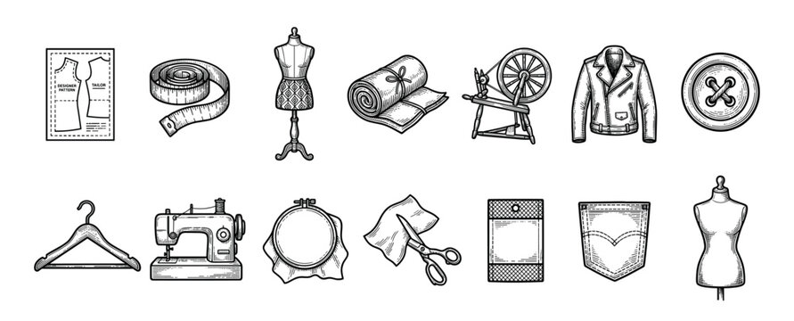 Large set of vintage sewing and tailoring icons featuring a mannequin, sewing machine, scissors, and pattern in a detailed black and white hand-drawn engraved style