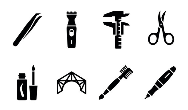 Black glyph icon set of professional eyebrow shaping tools including tweezers, scissors, trimmer, caliper, and microblading pen for beauty salon services in a simple vector style