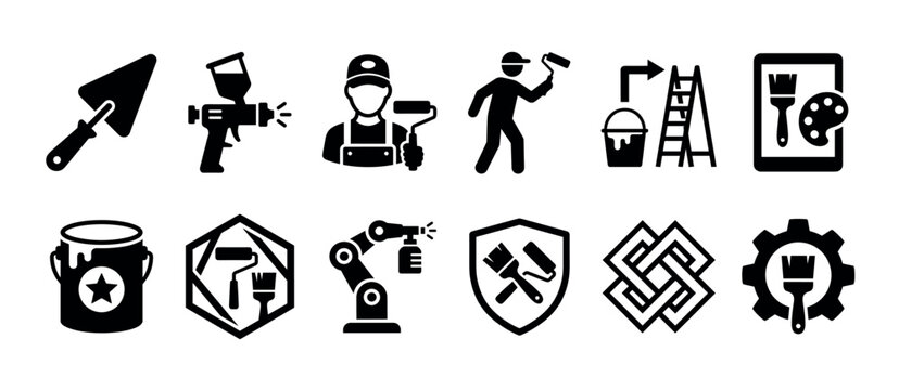 Black glyph icon set for painting and home renovation services, featuring a painter, roller, spray gun, robotic arm, trowel, and other professional construction tools