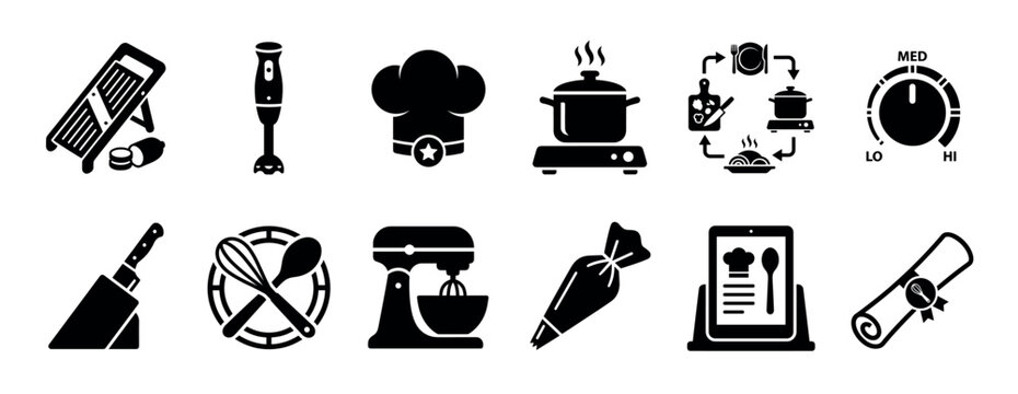 Collection of twelve black kitchen utensil icons for cooking and baking, including a stand mixer, chef's knife, cooking pot, recipe tablet, and a culinary school certificate