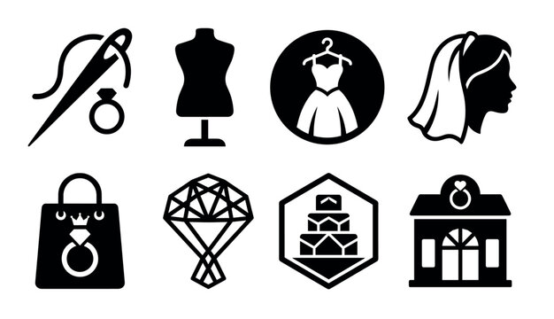 Black glyph icons for wedding and bridal services featuring a gown, mannequin, bride silhouette, diamond ring, cake, and venue in a minimalist vector set