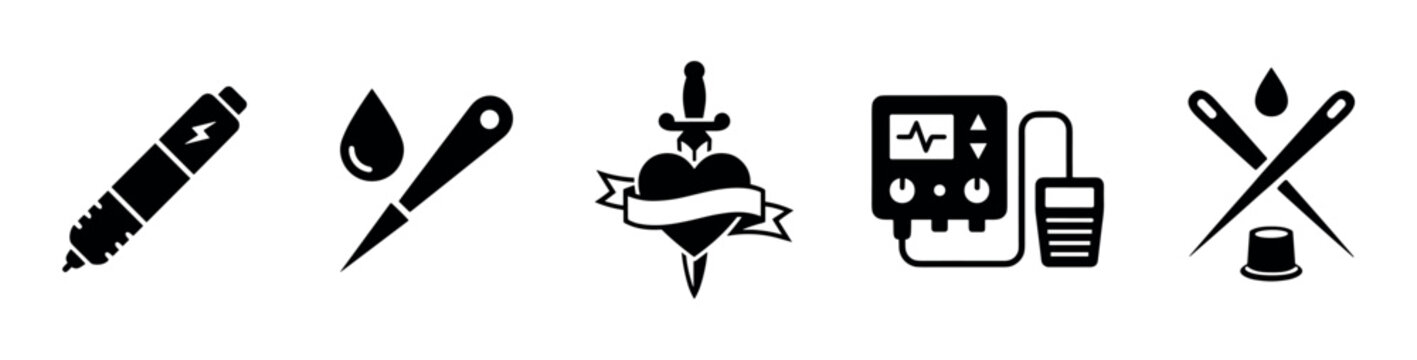 Set of five black tattoo icons showing professional equipment and classic art, including a rotary machine, needle, ink, power supply, and a heart with a dagger design