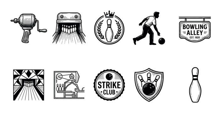 Collection of vintage bowling sport illustrations including a player silhouette, pins, ball, alley lane, pinsetter machine, and retro logos in a black and white line art style