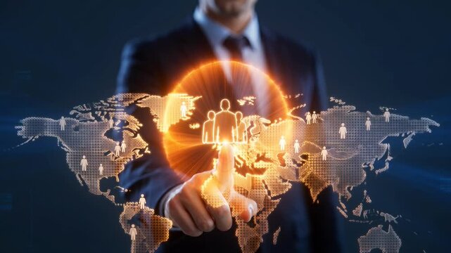 Businessman with glowing globe over digital world map in dark professional setting