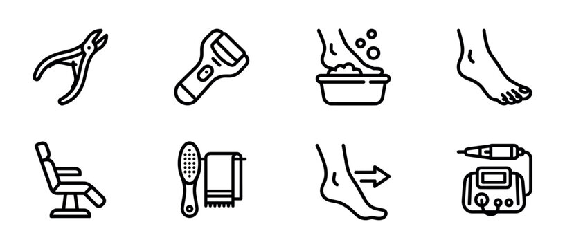Collection of eight black line icons for pedicure and foot care, featuring essential salon equipment like a chair, electric drill, nippers, and foot bath for professional treatment
