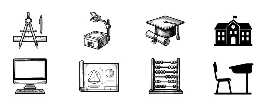 Set of black school and education icons including a compass, computer, graduation cap, and abacus in a vintage engraving and modern silhouette style for learning concepts