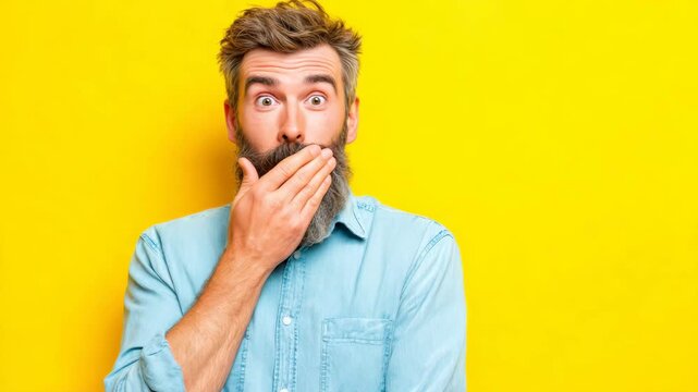 A man with a beard is expressing surprise while covering his mouth with his hand.