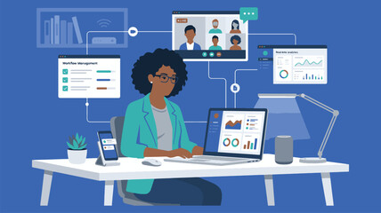 Fototapeta premium Remote Work from Home Office Concept with Business Woman Laptop Workflow Management and Video Call Vector