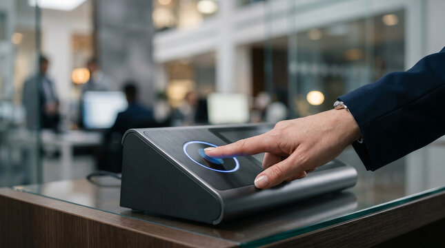 Person scanning fingerprint on biometric security device for office access control