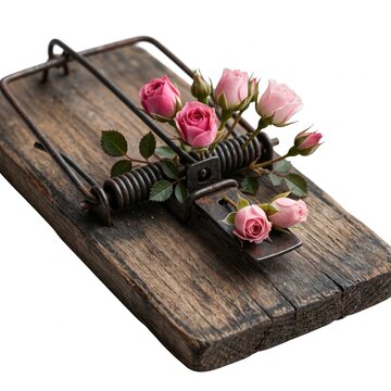 Rustic mouse trap with pink roses on wooden board
