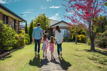 Obraz premium Family walking holding hands on a path towards a modern house on a sunny day