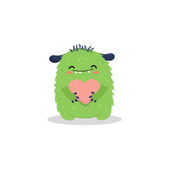 Fototapeta premium Cute green furry monster holding a pink heart Isolated on white background.Character design for Valentine's Day greeting cards and nursery art. Vector illustration 