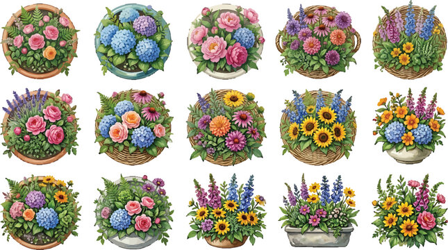 Collection of colorful flower arrangements in pots and baskets for garden decoration and floral design projects