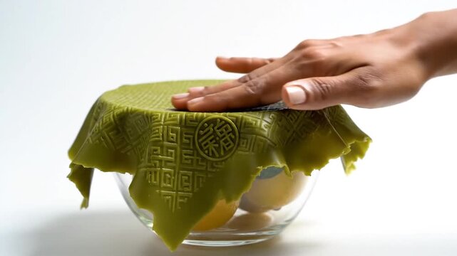 Hand sealing glass bowl with reusable green beeswax food wrap on white background.