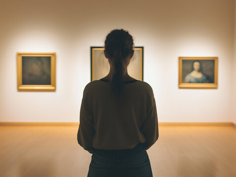 Silhouette of a person standing and admiring artwork in a museum gallery