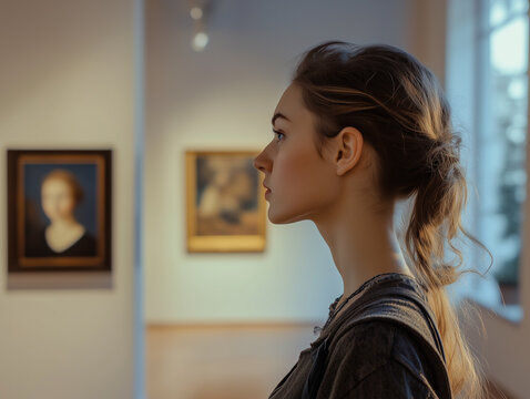 Young woman looking at classical paintings in an art gallery exhibition
