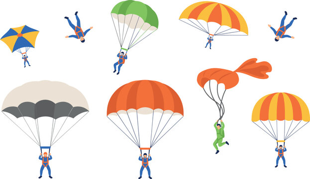 Colorful Skydivers Parachuting Extreme Sport Adventure People Flying with Parachute Flat Vector Illustration Set