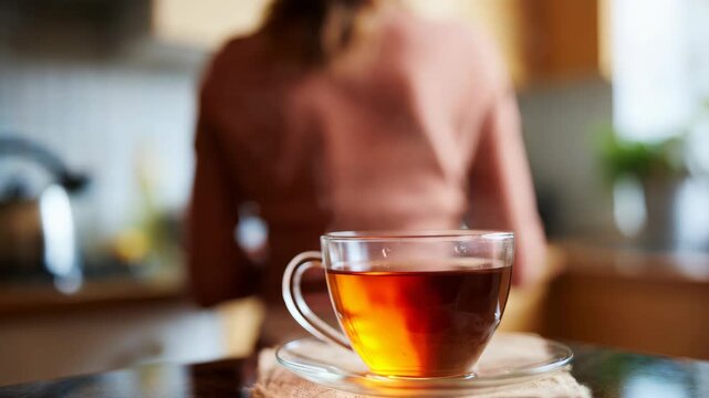 A cozy moment captured with a steaming mug of tea on the kitchen counter.