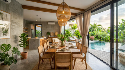 Fototapeta premium this is an image of a dining room with a pool in the background