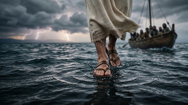 Man walking on water surface in storm. Jesus Christ miracle biblical scene at sea. Religious faith and divine power concept. Conceptual artwork of divine mystery with boat in storm.