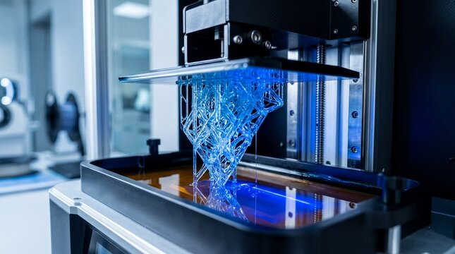 d printing technology, a close-up view of a resin printer producing a detailed complex object in blue uv glow
