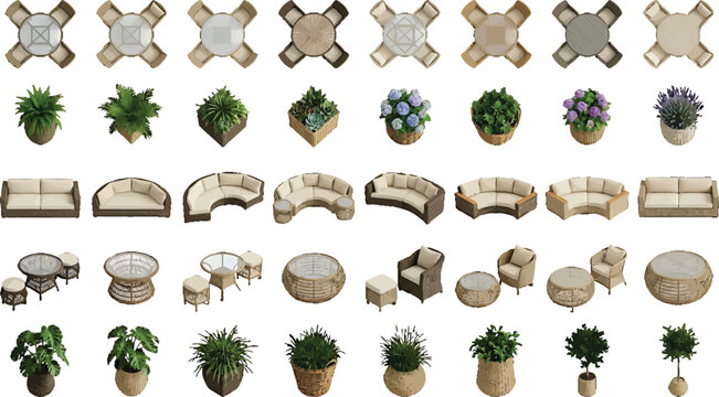 Outdoor furniture set with rattan sofas tables and potted plants for garden patio design vector illustration