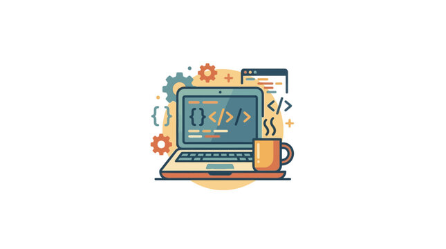 Laptop Computer with Programming Code and Coffee Cup Icon Illustration