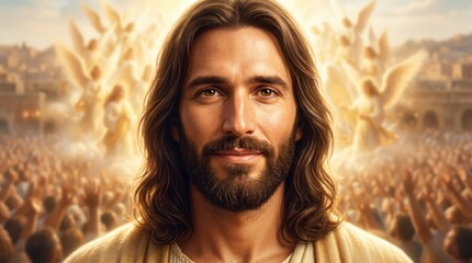 Obraz premium Jesus Christ with long brown hair and beard smiling. Portrait of son of God among crowd and angels in golden light. Christian religious concept for Easter and spiritual meditation.