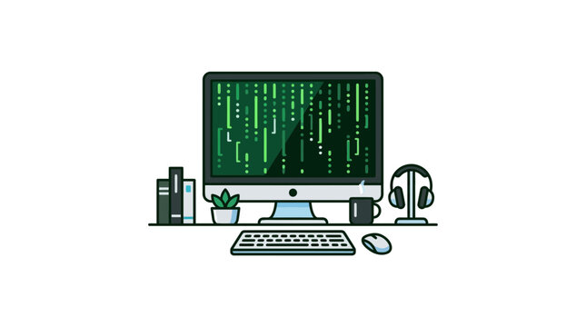 Programmer Workspace with Computer Code on Monitor Screen Flat Illustration