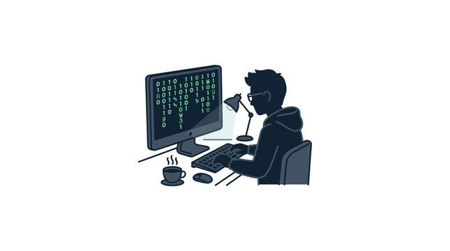 Programmer Coding on Computer with Binary Code Display