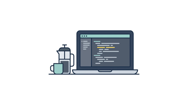 Minimalist Illustration of Laptop with Code and French Press