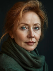 Portrait of a woman with red hair wearing a dark green scarf looking directly forward © Jana