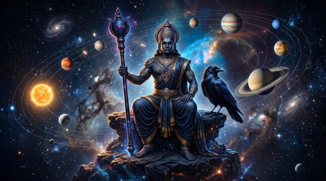Lord Shani sitting on rock holding scepter with raven in space. Hindu deity planet Saturn personified across galaxy. Cosmic mythology, spiritual religious art, celestial god of justice.
