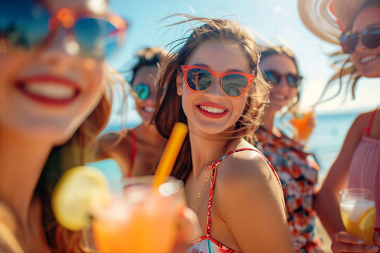 Group of happy women wearing sunglasses holding summer drinks while enjoying a sunny party